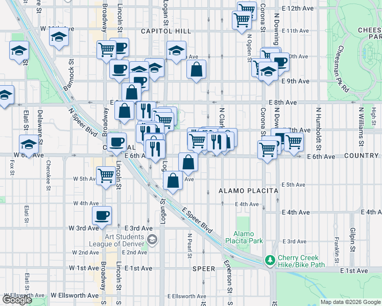 map of restaurants, bars, coffee shops, grocery stores, and more near 600 Pennsylvania Street in Denver