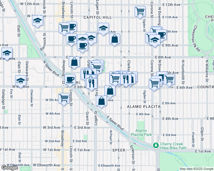 map of restaurants, bars, coffee shops, grocery stores, and more near 600 Pennsylvania Street in Denver