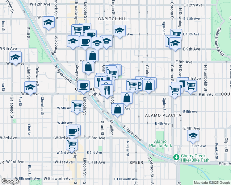 map of restaurants, bars, coffee shops, grocery stores, and more near in Denver