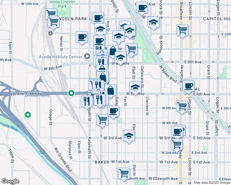 map of restaurants, bars, coffee shops, grocery stores, and more near 616 Inca Street in Denver