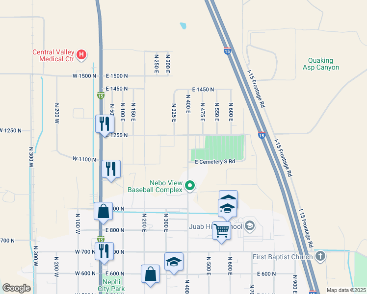 map of restaurants, bars, coffee shops, grocery stores, and more near 1250 North 325 East in Nephi