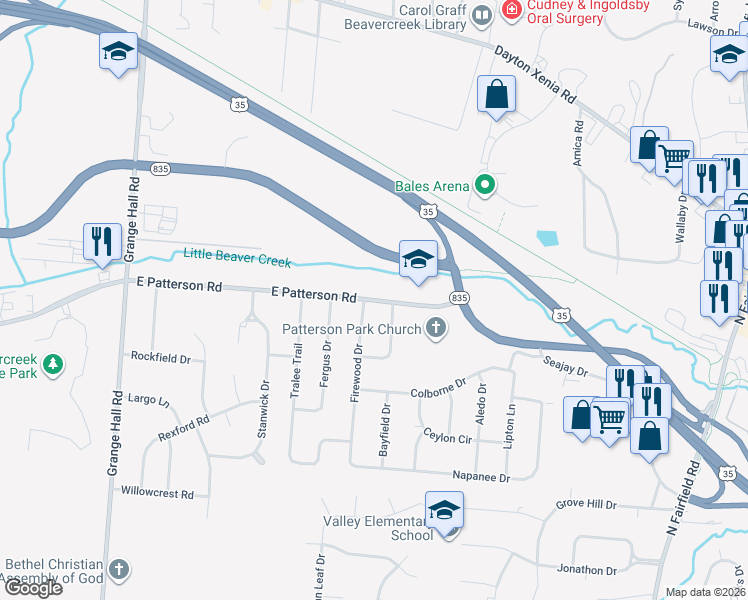 map of restaurants, bars, coffee shops, grocery stores, and more near 3722 East Patterson Road in Beavercreek