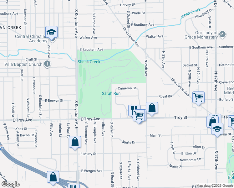 map of restaurants, bars, coffee shops, grocery stores, and more near 2901 Cameron Street in Indianapolis
