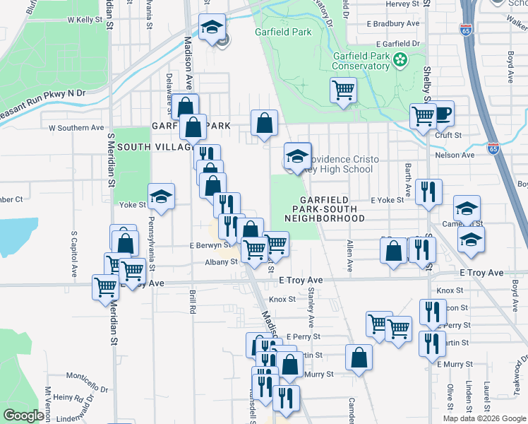 map of restaurants, bars, coffee shops, grocery stores, and more near 2760 South East Street in Indianapolis