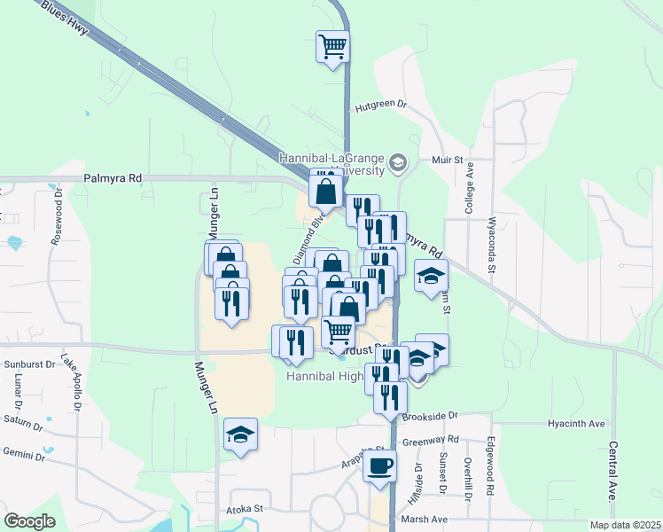 map of restaurants, bars, coffee shops, grocery stores, and more near 3070 Holman Drive in Hannibal