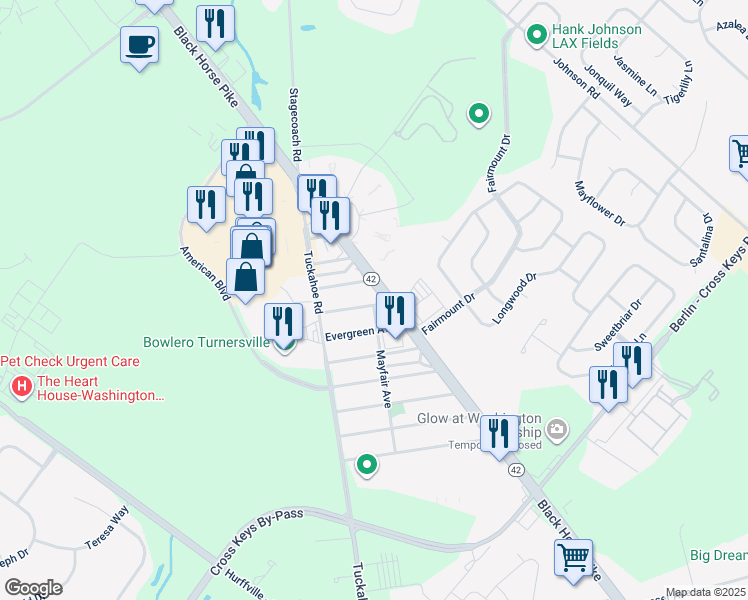 map of restaurants, bars, coffee shops, grocery stores, and more near 30 Woodlawn Avenue in Washington Township