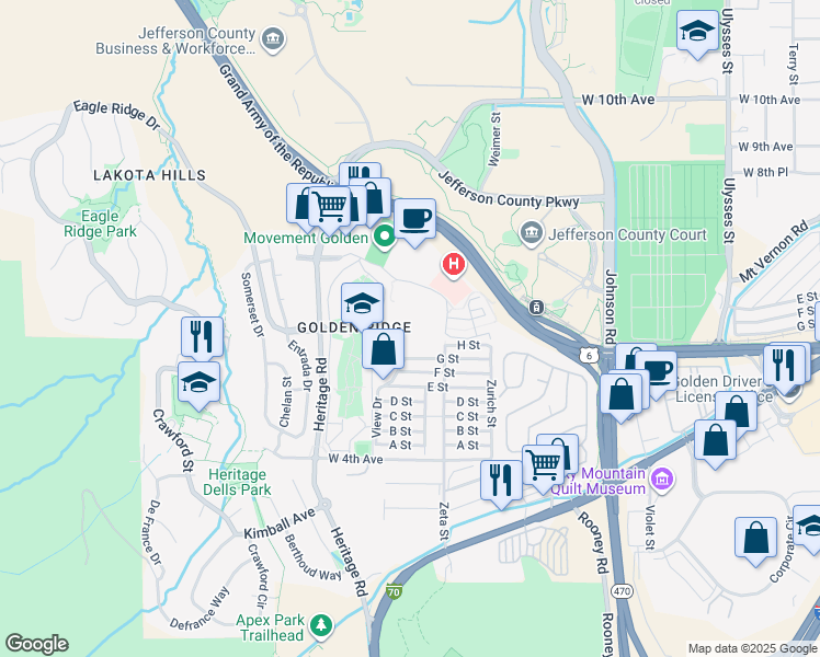 map of restaurants, bars, coffee shops, grocery stores, and more near 705-1199 Golden Cir in Golden