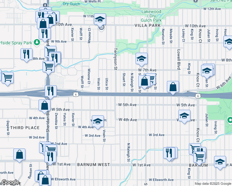 map of restaurants, bars, coffee shops, grocery stores, and more near West 6th Avenue & Tennyson Street in Denver