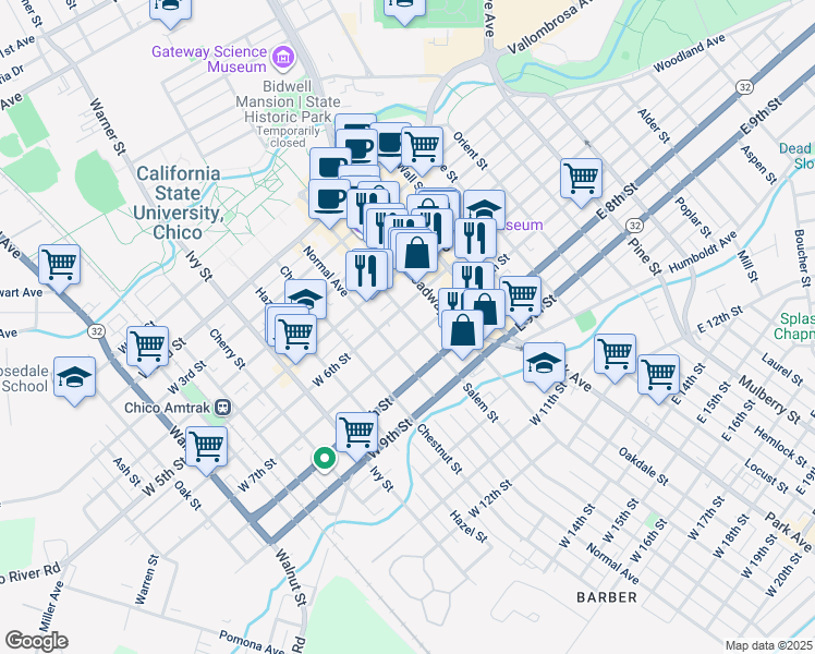 map of restaurants, bars, coffee shops, grocery stores, and more near 628 Salem Street in Chico