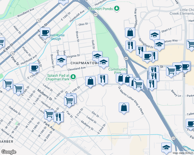 map of restaurants, bars, coffee shops, grocery stores, and more near 999 East 16th Street in Chico