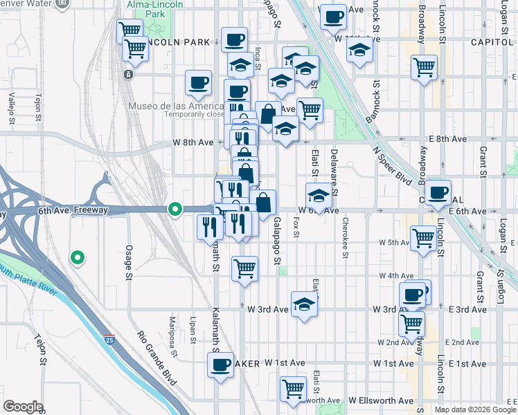 map of restaurants, bars, coffee shops, grocery stores, and more near 603 Inca Street in Denver