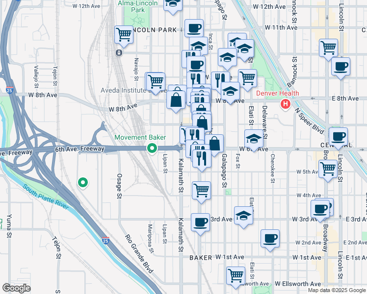map of restaurants, bars, coffee shops, grocery stores, and more near 574 Kalamath Street in Denver