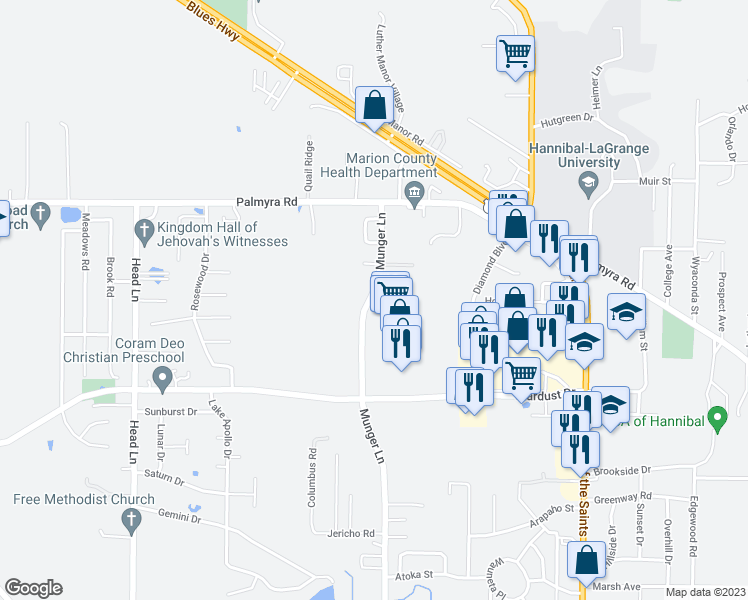 map of restaurants, bars, coffee shops, grocery stores, and more near 48 Munger Lane in Hannibal