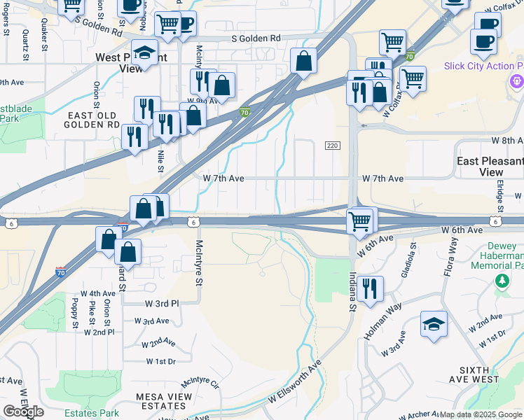 map of restaurants, bars, coffee shops, grocery stores, and more near 600 Kilmer Street in Golden