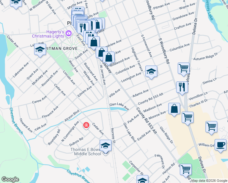 map of restaurants, bars, coffee shops, grocery stores, and more near 28 Villa Avenue in Pitman