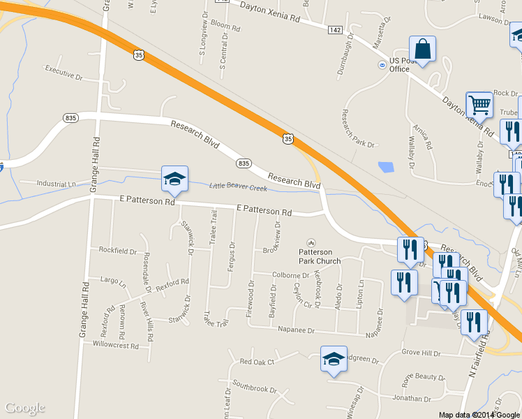 map of restaurants, bars, coffee shops, grocery stores, and more near 3722 East Patterson Road in Beavercreek
