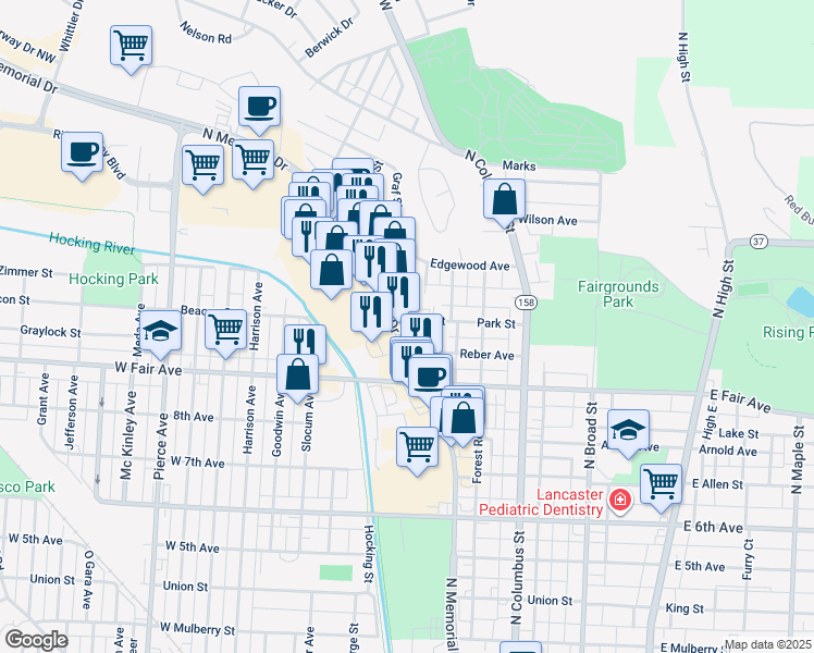 map of restaurants, bars, coffee shops, grocery stores, and more near 1028 North Memorial Drive in Lancaster