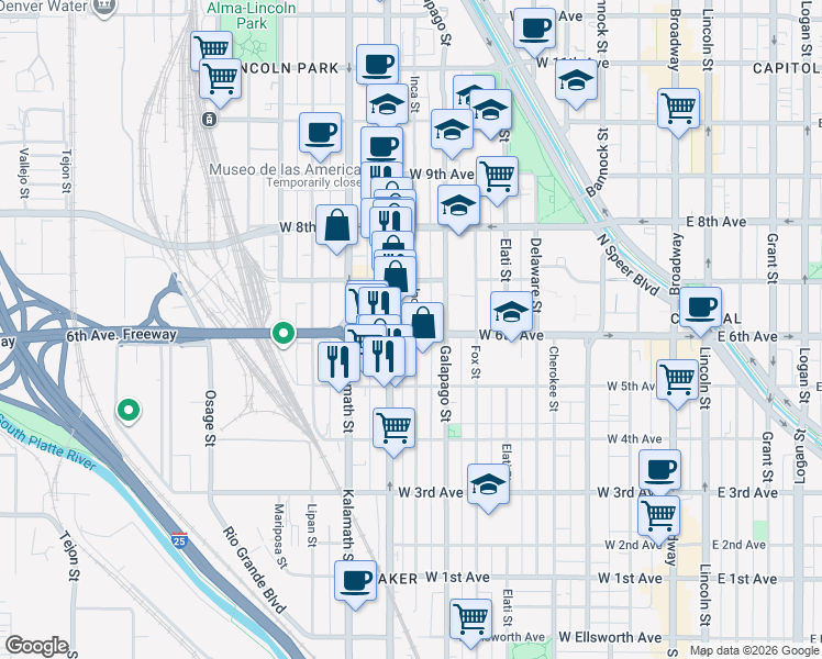 map of restaurants, bars, coffee shops, grocery stores, and more near 603 Inca Street in Denver