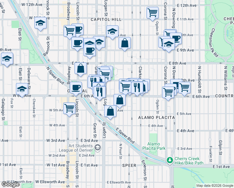 map of restaurants, bars, coffee shops, grocery stores, and more near 600 Pennsylvania Street in Denver