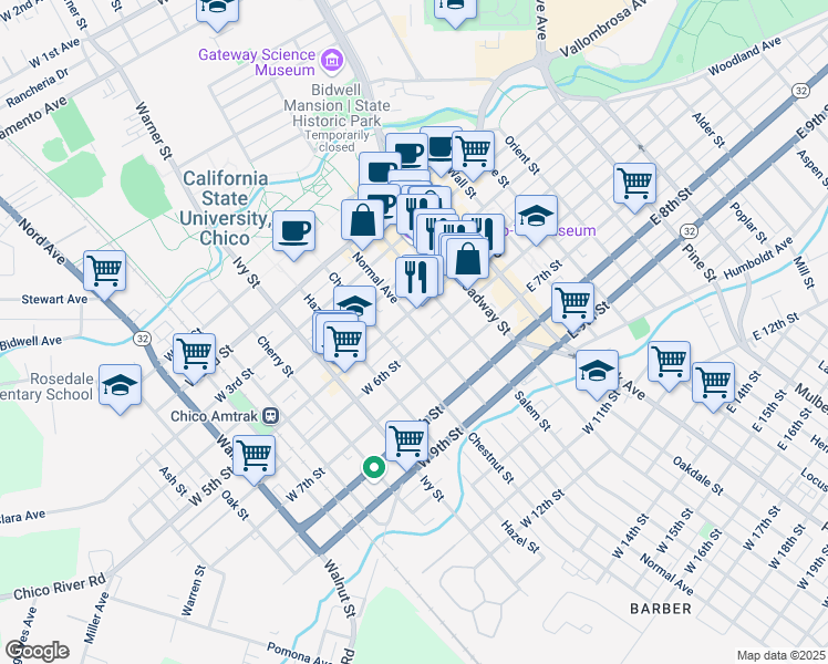map of restaurants, bars, coffee shops, grocery stores, and more near 530 Normal Avenue in Chico