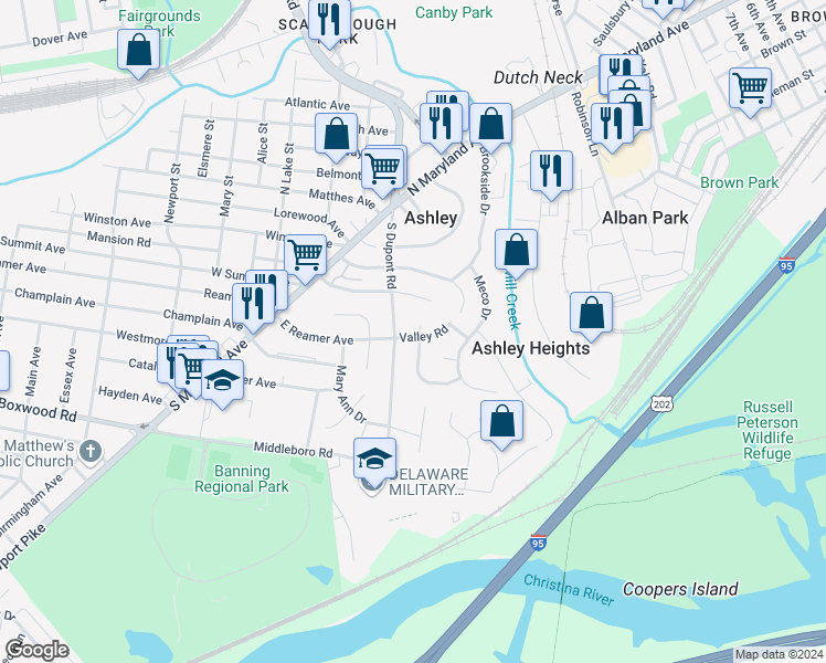 map of restaurants, bars, coffee shops, grocery stores, and more near 203 Valley Road in Wilmington