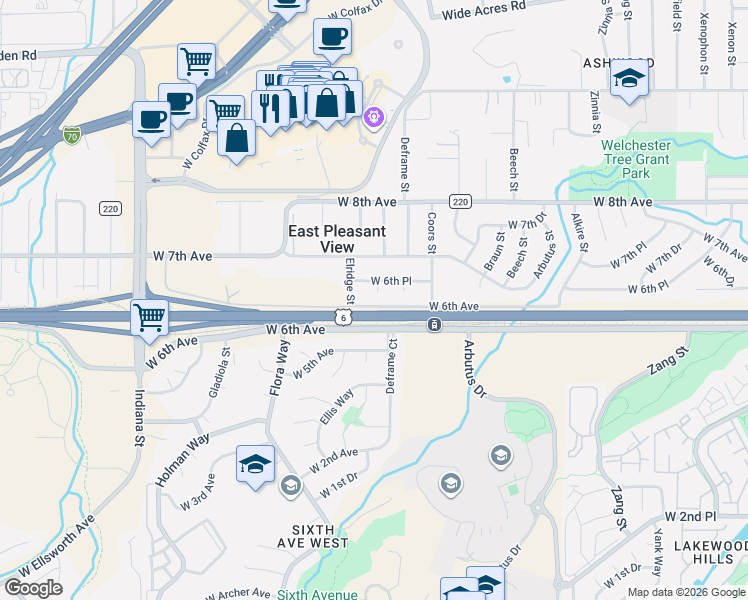 map of restaurants, bars, coffee shops, grocery stores, and more near 624 Elridge Street in Golden