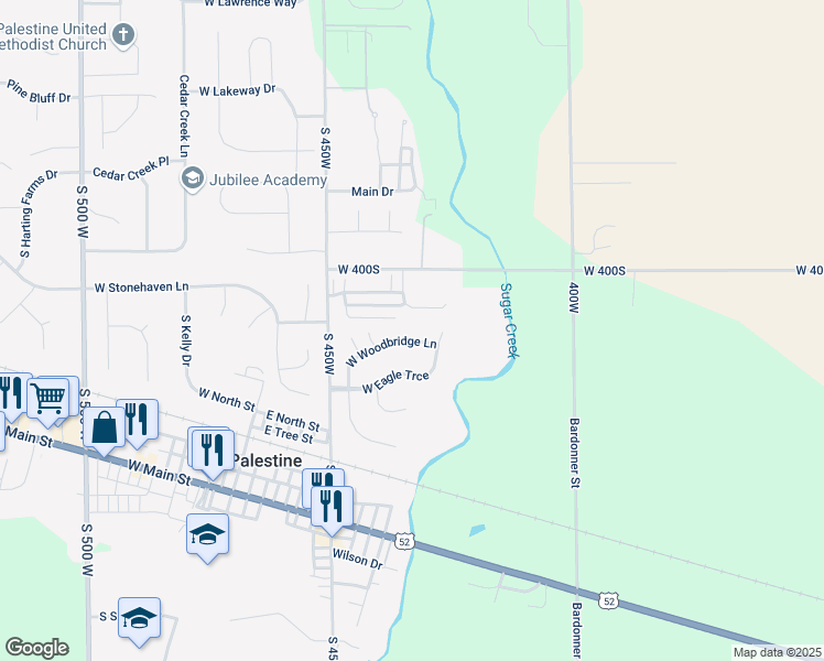 map of restaurants, bars, coffee shops, grocery stores, and more near 4330 West Woodbridge Lane in New Palestine