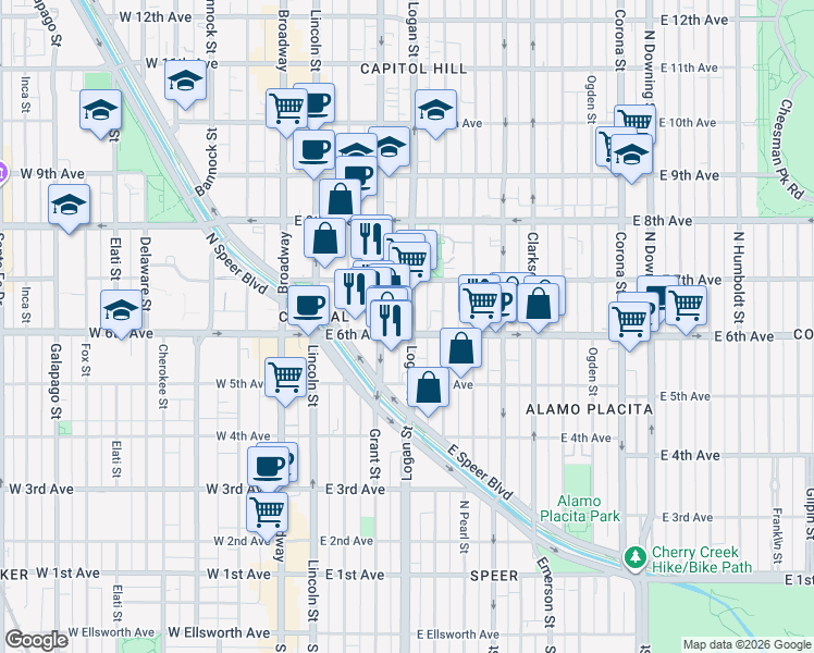 map of restaurants, bars, coffee shops, grocery stores, and more near 619 Logan Street in Denver