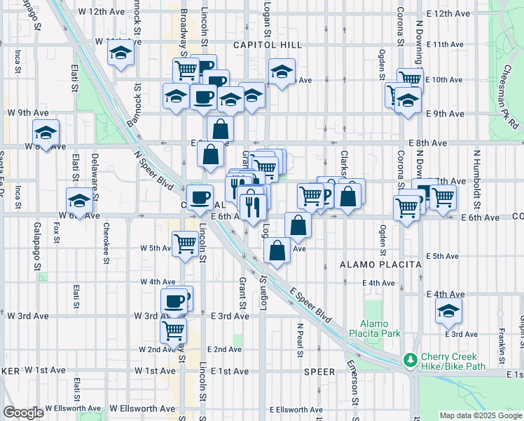 map of restaurants, bars, coffee shops, grocery stores, and more near 619 Logan Street in Denver