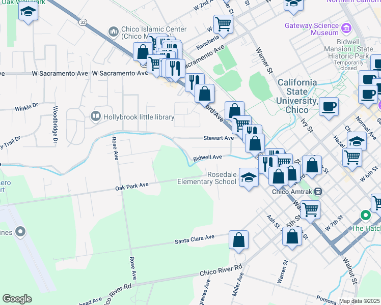 map of restaurants, bars, coffee shops, grocery stores, and more near 1326 Bidwell Avenue in Chico