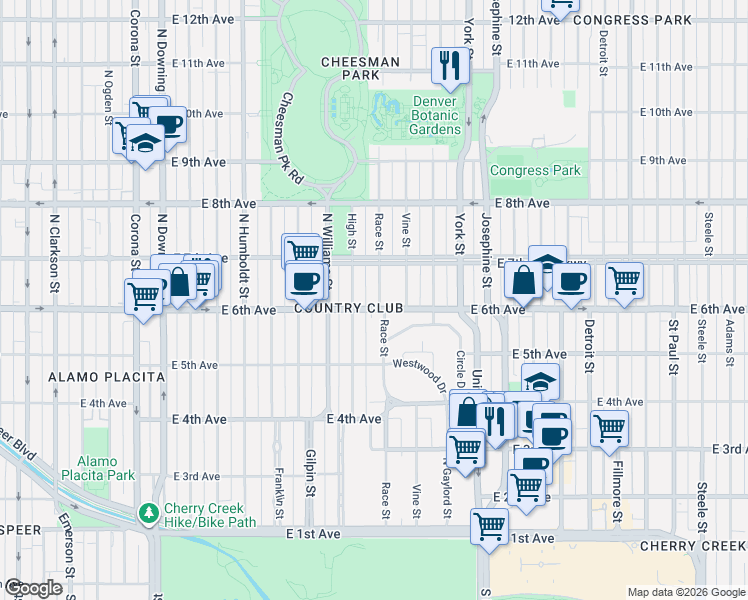 map of restaurants, bars, coffee shops, grocery stores, and more near 621 Race Street in Denver