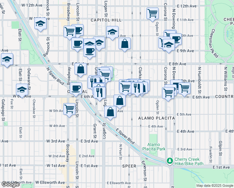 map of restaurants, bars, coffee shops, grocery stores, and more near 600 Pennsylvania Street in Denver