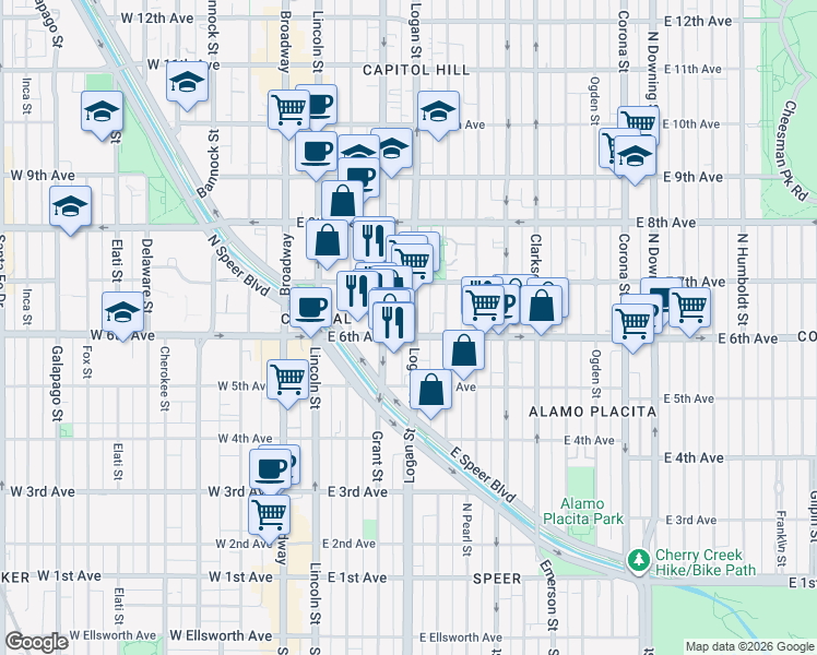 map of restaurants, bars, coffee shops, grocery stores, and more near in Denver