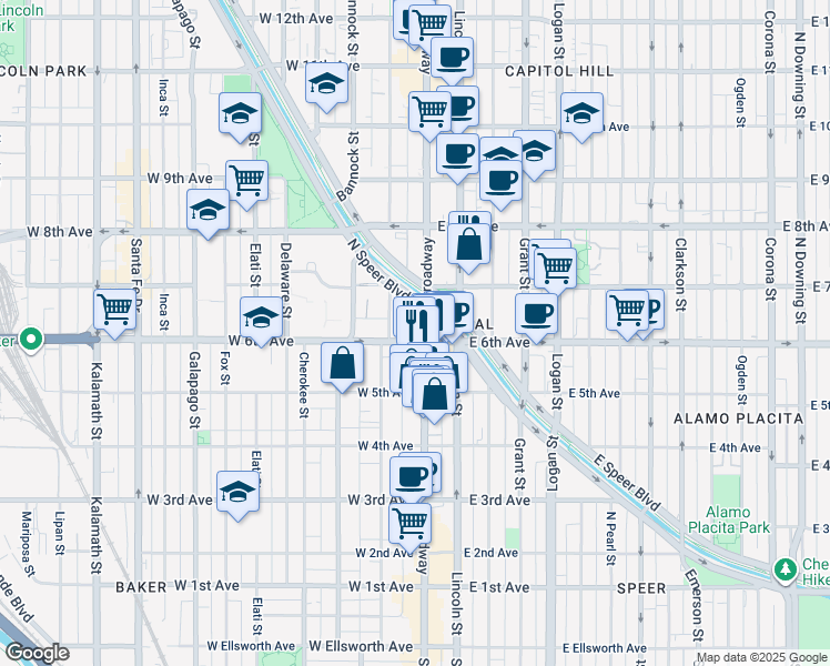 map of restaurants, bars, coffee shops, grocery stores, and more near in Denver