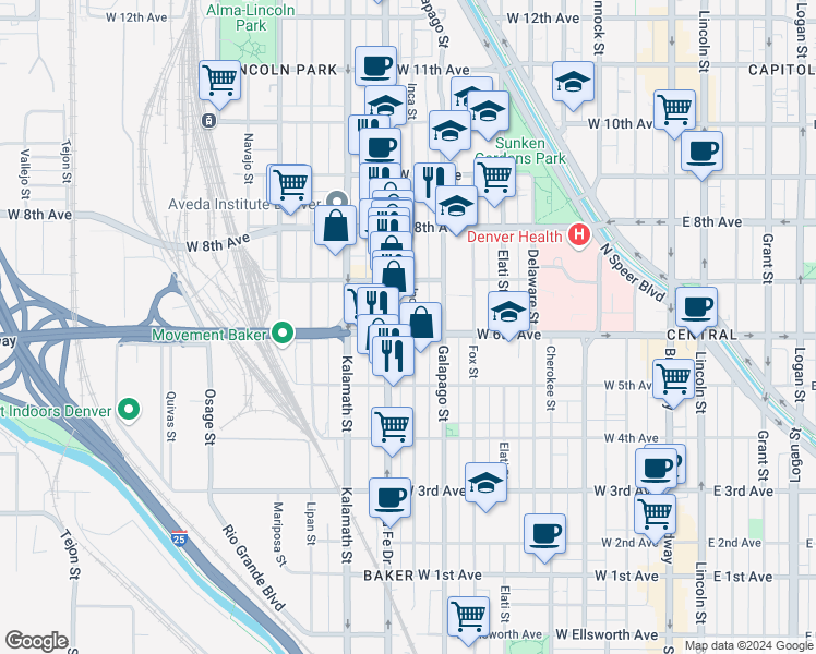 map of restaurants, bars, coffee shops, grocery stores, and more near in Denver