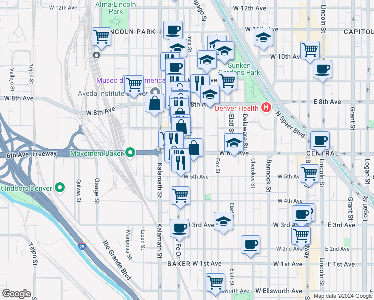 map of restaurants, bars, coffee shops, grocery stores, and more near in Denver
