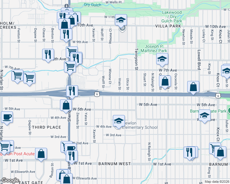 map of restaurants, bars, coffee shops, grocery stores, and more near 611 Vrain Street in Denver