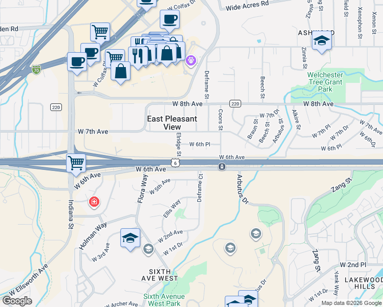 map of restaurants, bars, coffee shops, grocery stores, and more near 624 Elridge Street in Golden
