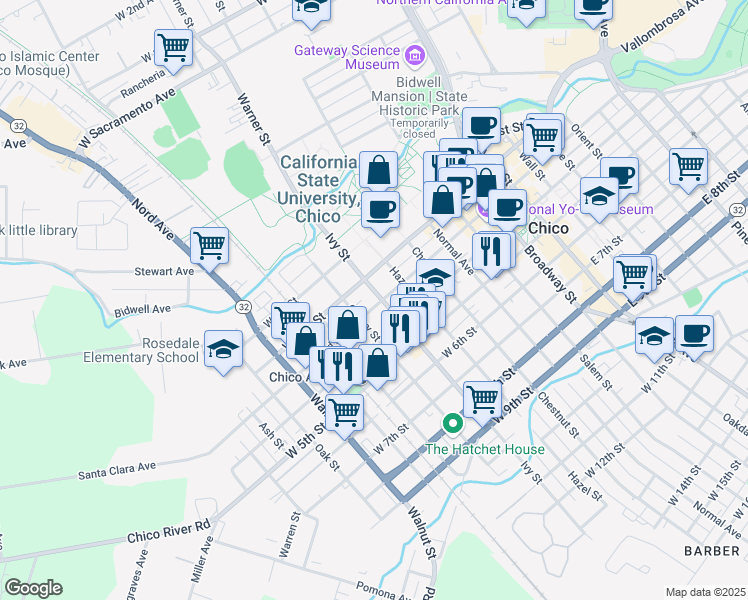 map of restaurants, bars, coffee shops, grocery stores, and more near 305 Ivy Street in Chico