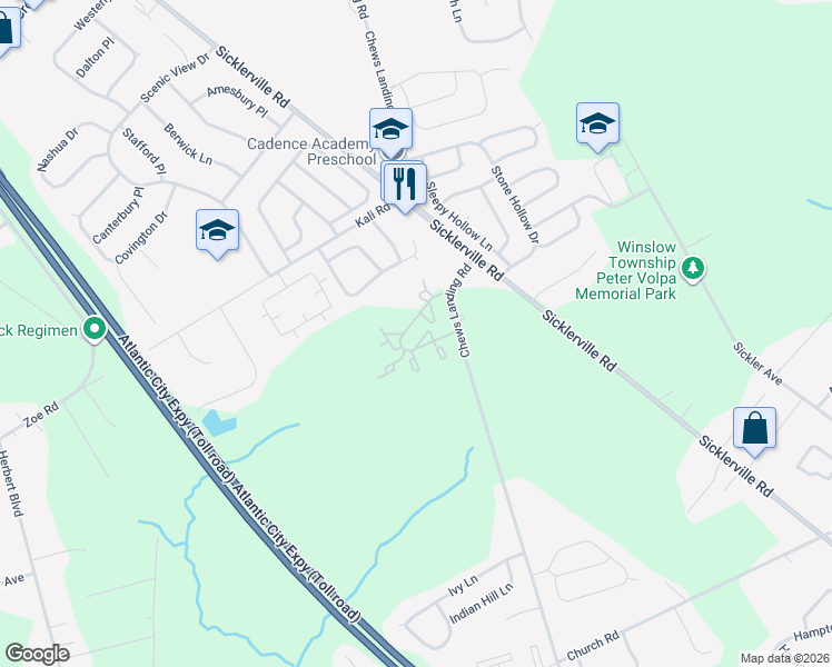 map of restaurants, bars, coffee shops, grocery stores, and more near 173 Kenwood Drive in Sicklerville