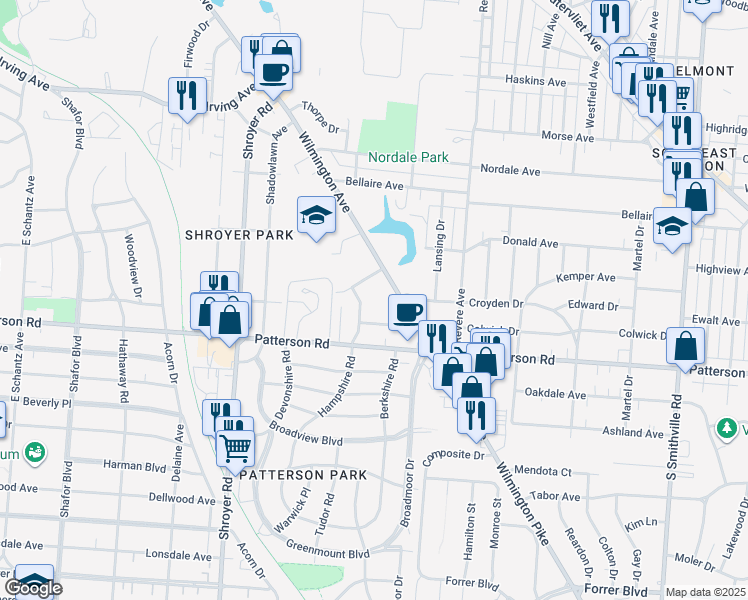 map of restaurants, bars, coffee shops, grocery stores, and more near 1053 Wilmington Avenue in Dayton