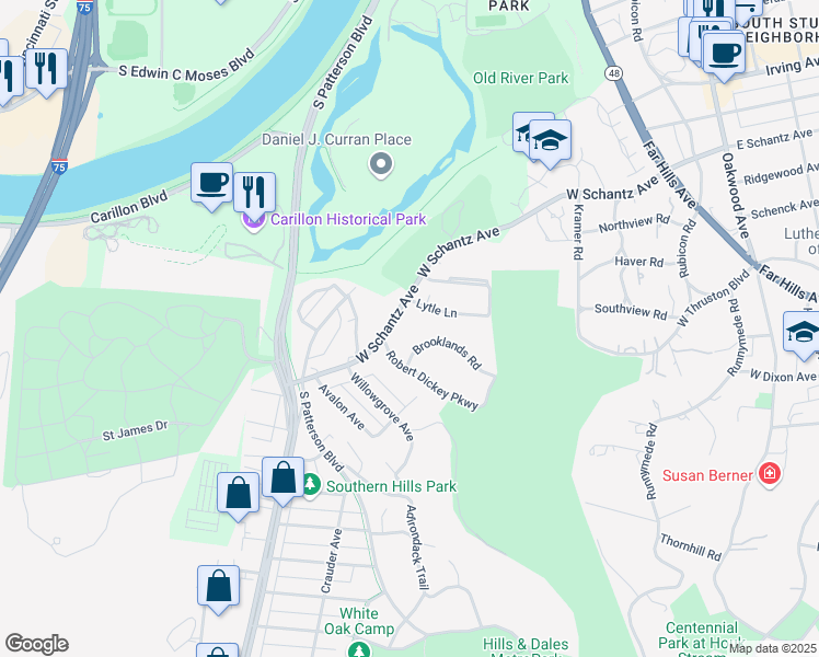 map of restaurants, bars, coffee shops, grocery stores, and more near 2000 West Schantz Avenue in Dayton