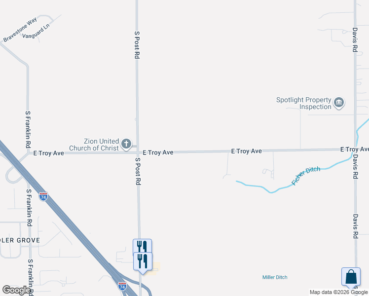 map of restaurants, bars, coffee shops, grocery stores, and more near 9220 East Troy Avenue in Indianapolis