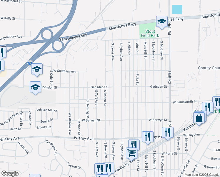 map of restaurants, bars, coffee shops, grocery stores, and more near 2701 South Lyons Avenue in Indianapolis