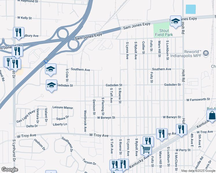 map of restaurants, bars, coffee shops, grocery stores, and more near 13 Gadsden Street in Indianapolis