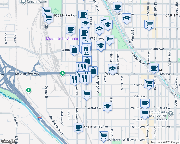 map of restaurants, bars, coffee shops, grocery stores, and more near in Denver