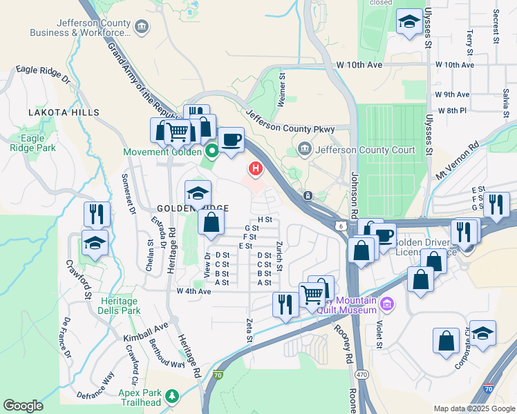 map of restaurants, bars, coffee shops, grocery stores, and more near 544 Golden Ridge Road in Golden