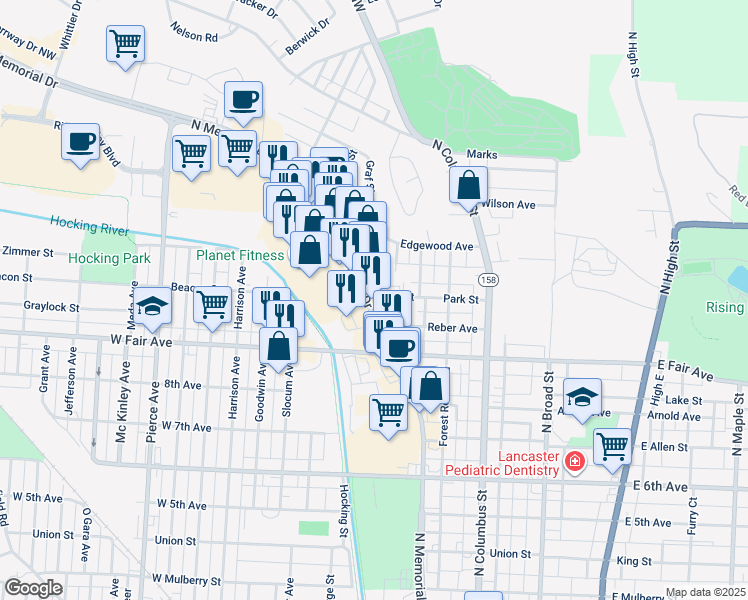 map of restaurants, bars, coffee shops, grocery stores, and more near 1028 North Memorial Drive in Lancaster