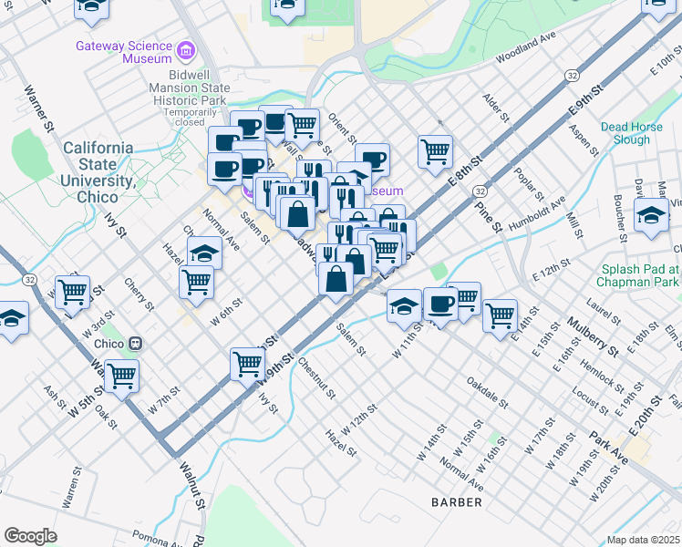 map of restaurants, bars, coffee shops, grocery stores, and more near 118 West 8th Street in Chico