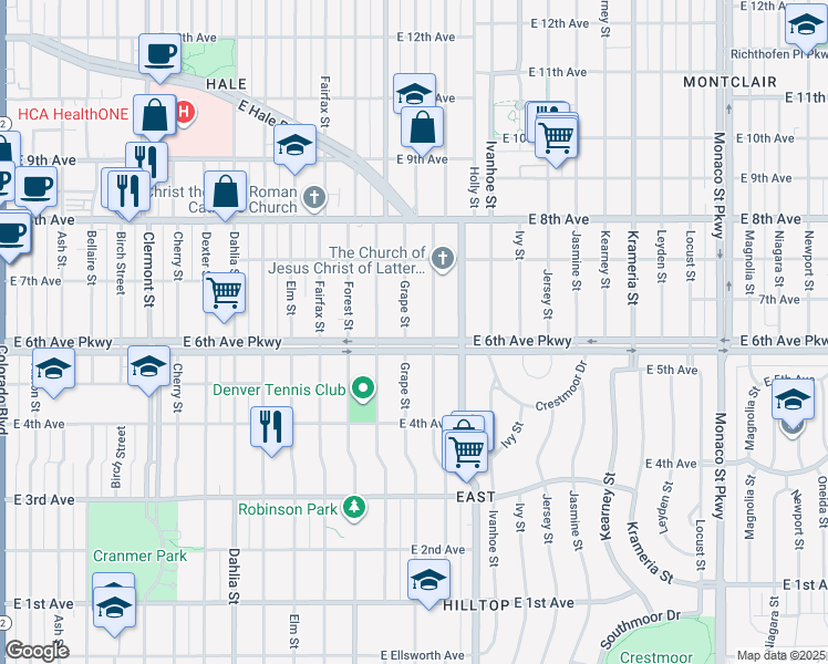 map of restaurants, bars, coffee shops, grocery stores, and more near 5401 East 6th Avenue Parkway in Denver